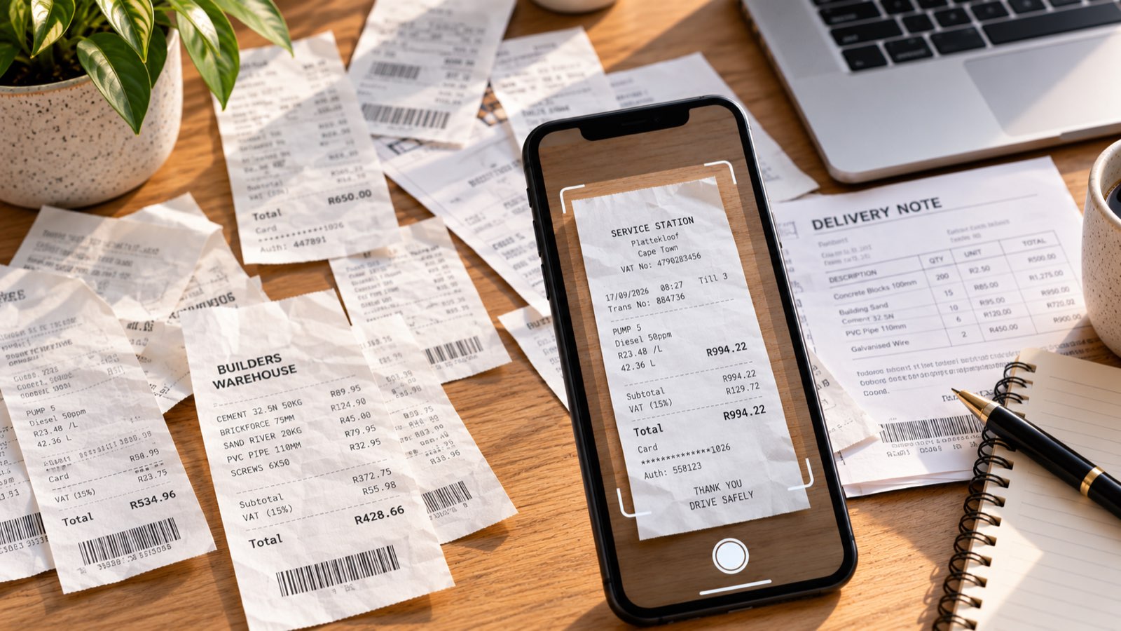 Smartphone scanning a paper receipt for AI-powered capture, surrounded by paper receipts and delivery notes on a desk