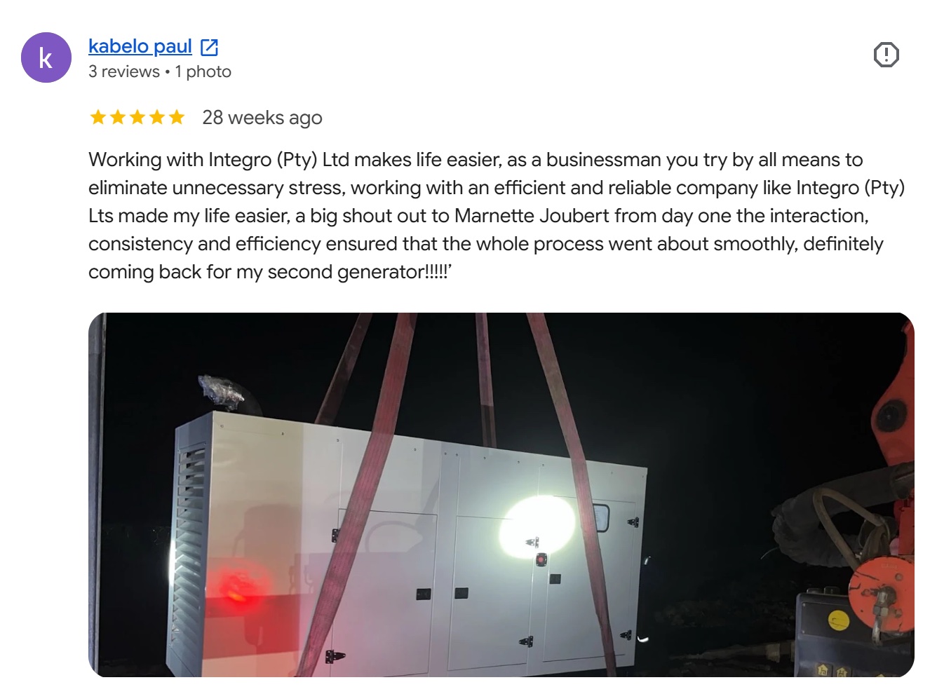 5-star Google review for Intergro generator rental from a North West business owner