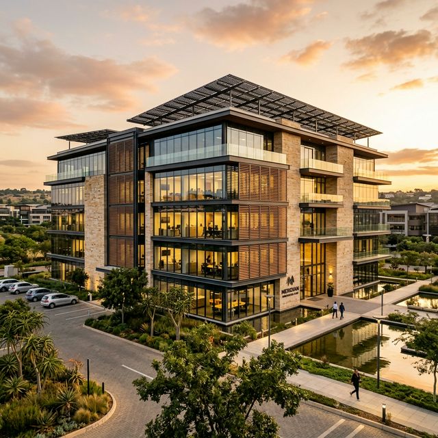 Modern corporate office building with rooftop solar panels at golden hour