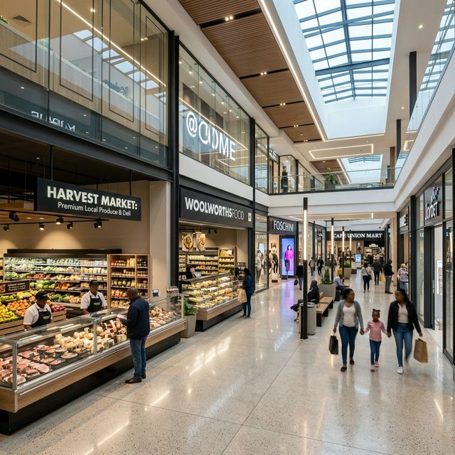 Modern shopping center interior with bright LED lighting