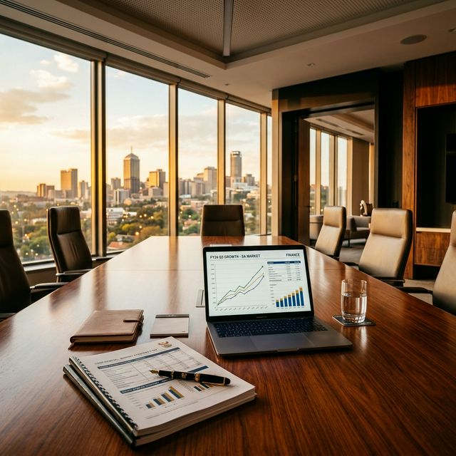 Corporate boardroom overlooking city skyline with financial documents