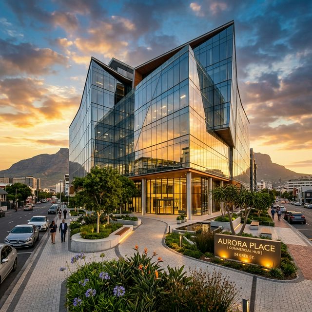 Modern commercial office building at sunset