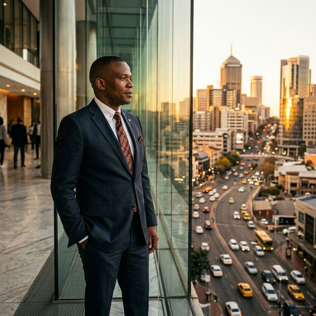 Business executive overlooking South African cityscape